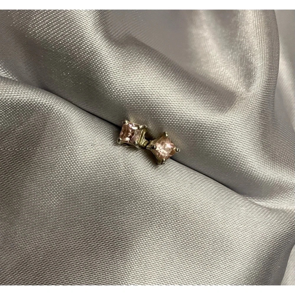 925 Sterling Silver Princess Cut Stud Pink Topaz October Birthstone Earrings
